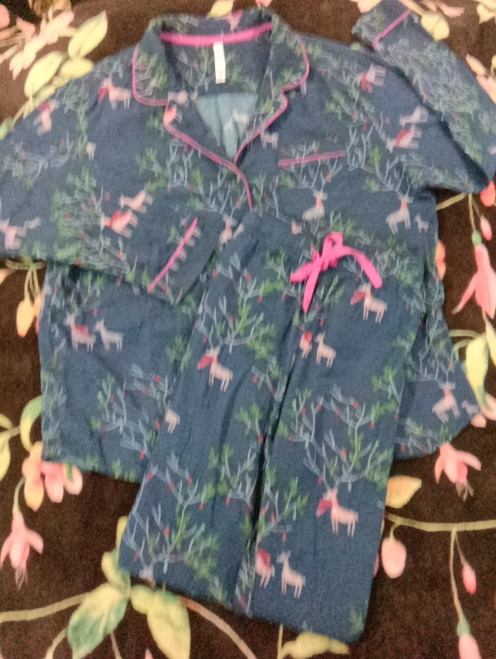 Gilligan & O'Malley Navy Pajama Set with Pink Trim and Deer Print